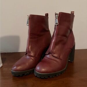 Forever 21 Burgundy Front-Zip Lug Sole Ankle Booties